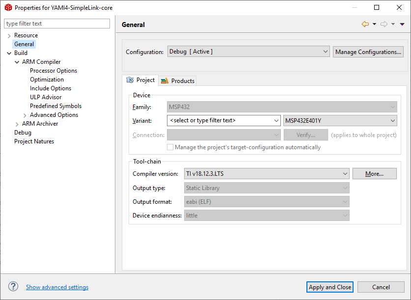 YAMI4 Core project settings 1