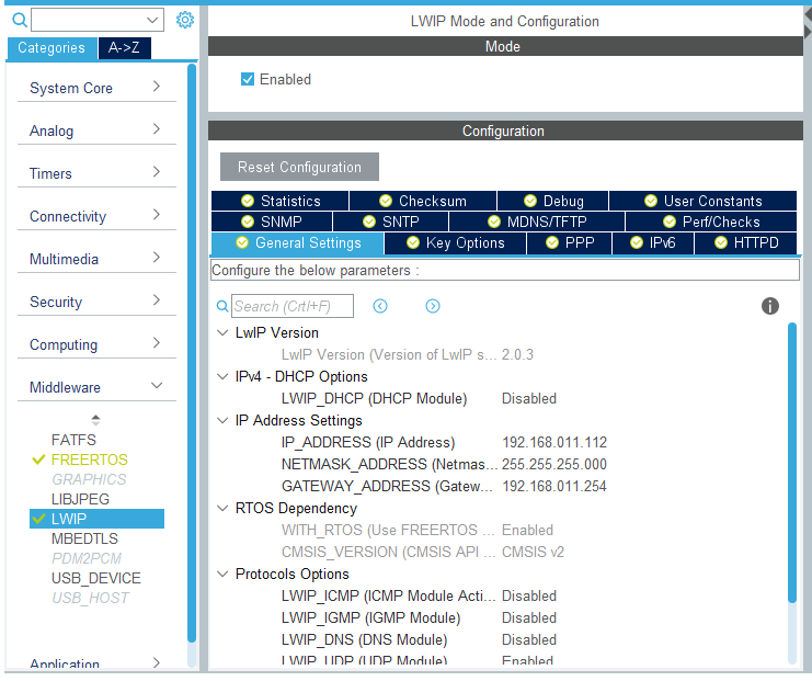 STM32CubeMX LwIP settings